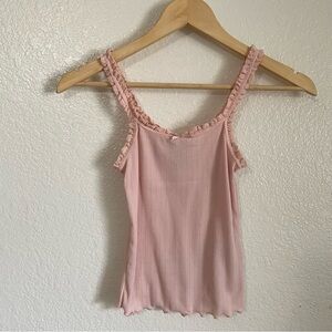 H&M Light Pink Crochet Lace Trim Cami Tank Top Bow Ruffle Hem Ribbed Size XS